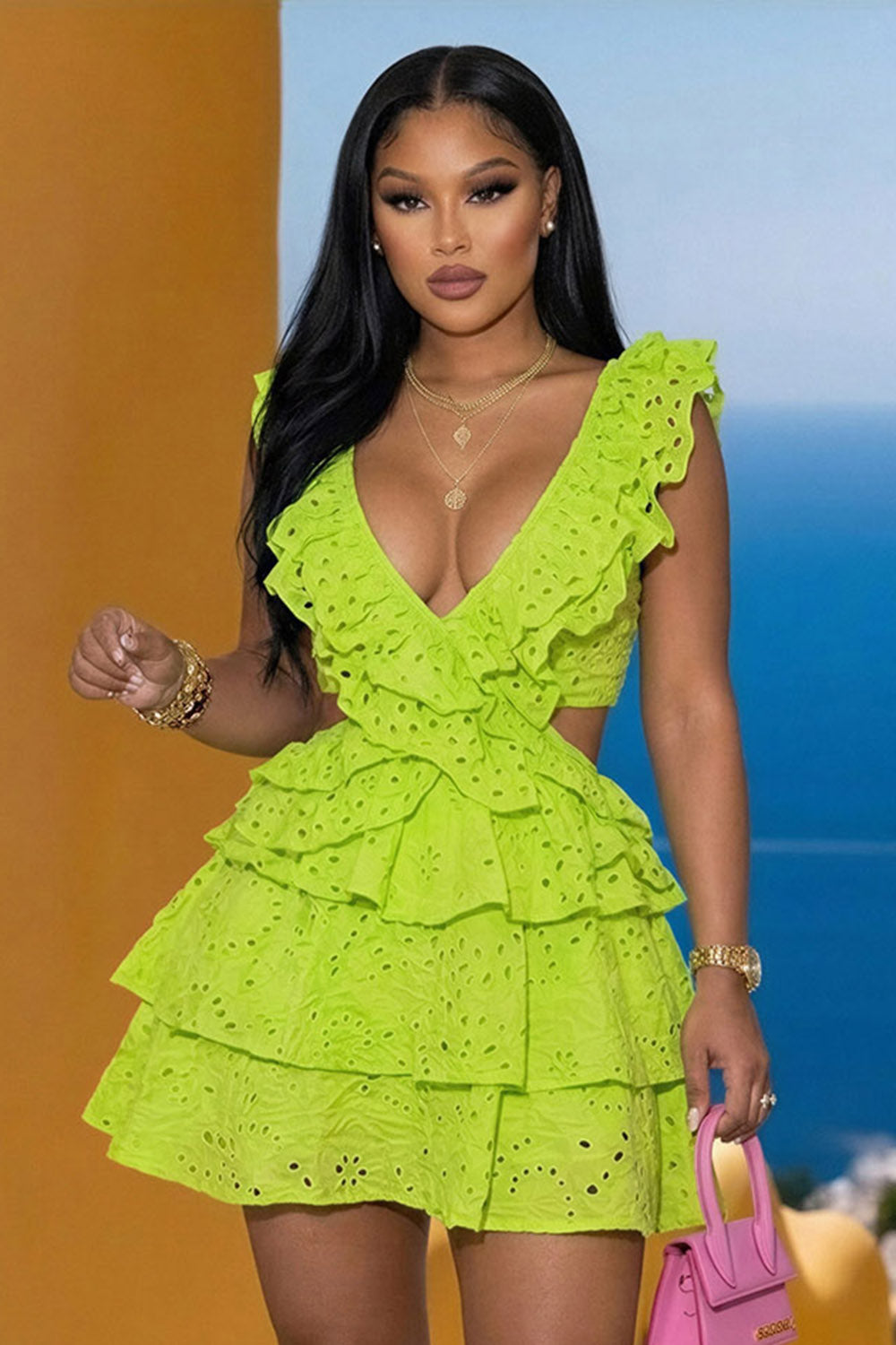 Deep V Neck Sleeveless Cut Out Ruffle Vacation Mini Dresses-Green