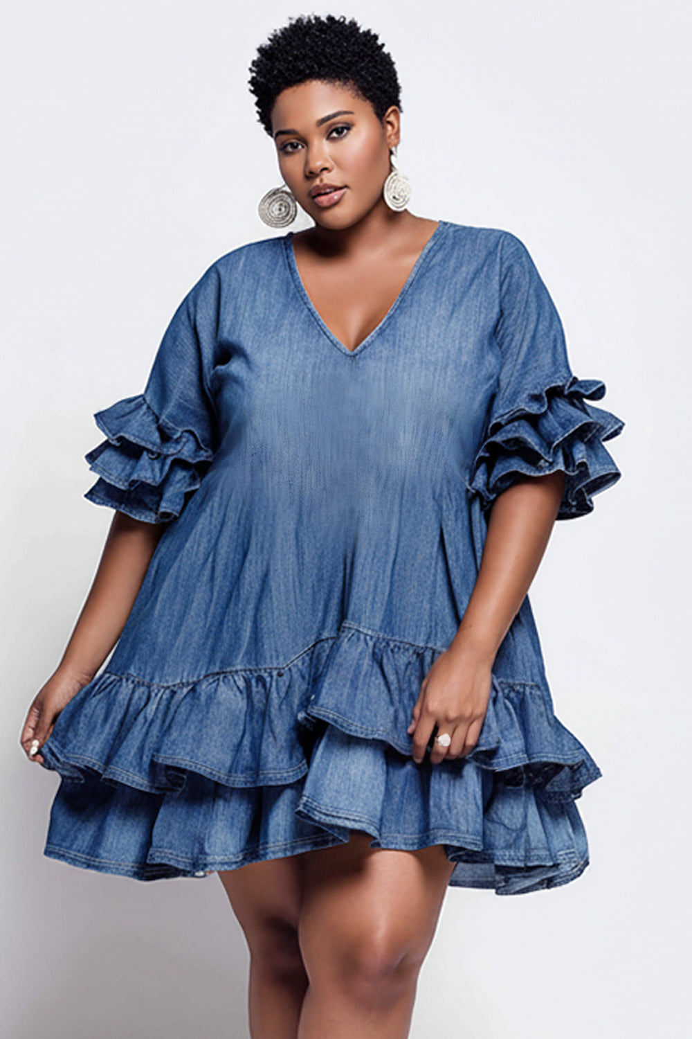 Xpluswear Design Plus Size Party Elegant Blue V Neck Short Sleeve Ruffle Tiered Tencel Denim Mini Dresses