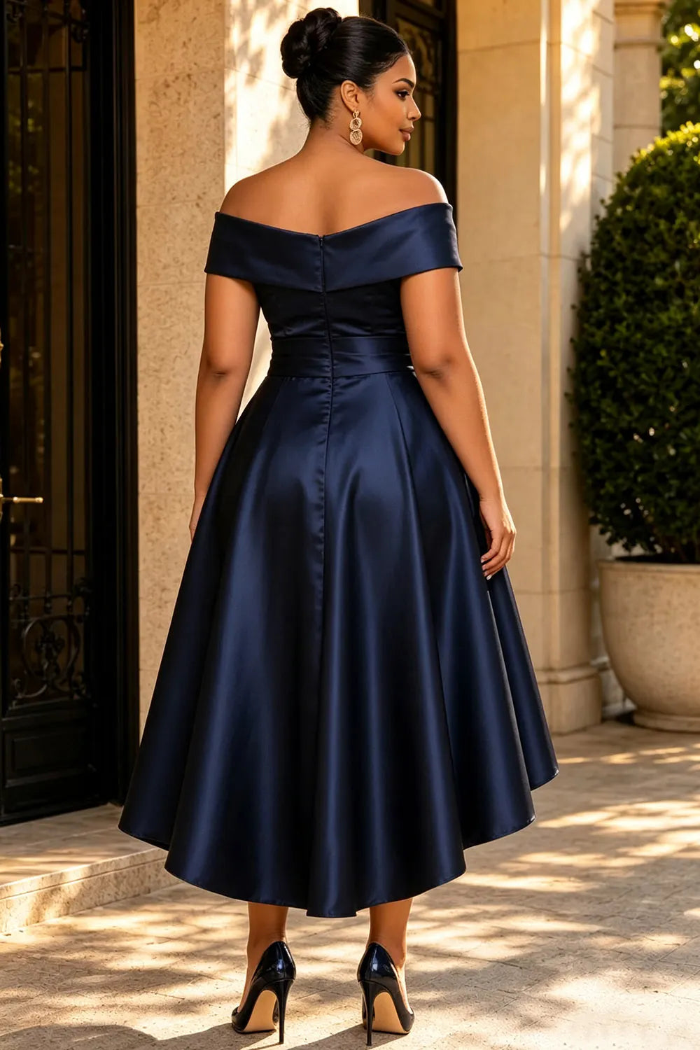 Wedding Guest Elegant Navy Blue Off The Shoulder Short Sleeve Asymmetric Hem Pocket Satin Midi Dresses