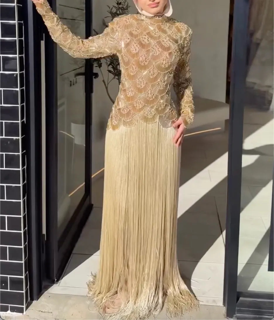 Gold Fan Beaded Tassel Modest Maxi Dress, High Neck Long Sleeve Rhinestone Muslim Evening Formal Gown