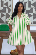 V Neck Puff Sleeve Striped Loose Fit Casual Mini Dresses-Green