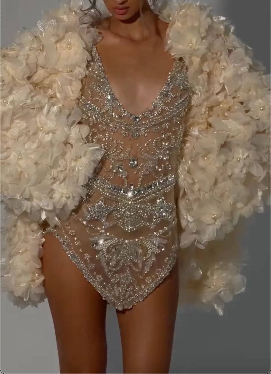 Champagne Sheer Rhinestone Embellished Bodysuit, Formal Outfit for Photoshoot Wedding Gala Birthday Party