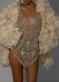 Champagne Sheer Rhinestone Embellished Bodysuit, Formal Outfit for Photoshoot Wedding Gala Birthday Party