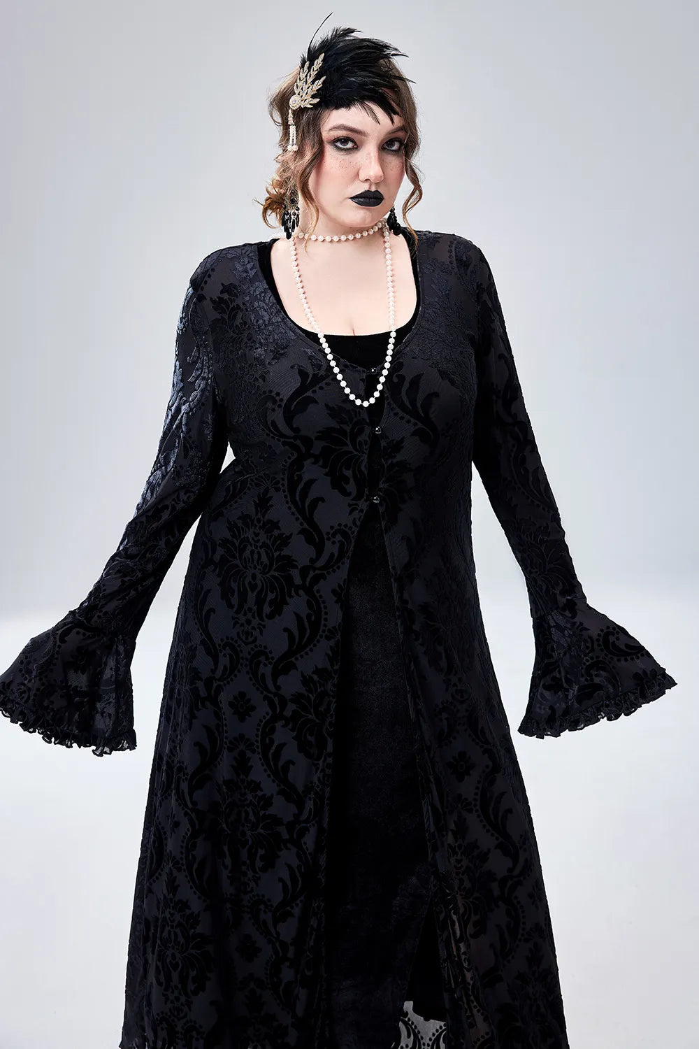 Halloween Costume 1920s Flapper Dress Gothic V-Neck Long Sleeve Velvet Cardigan(Ships 24h)