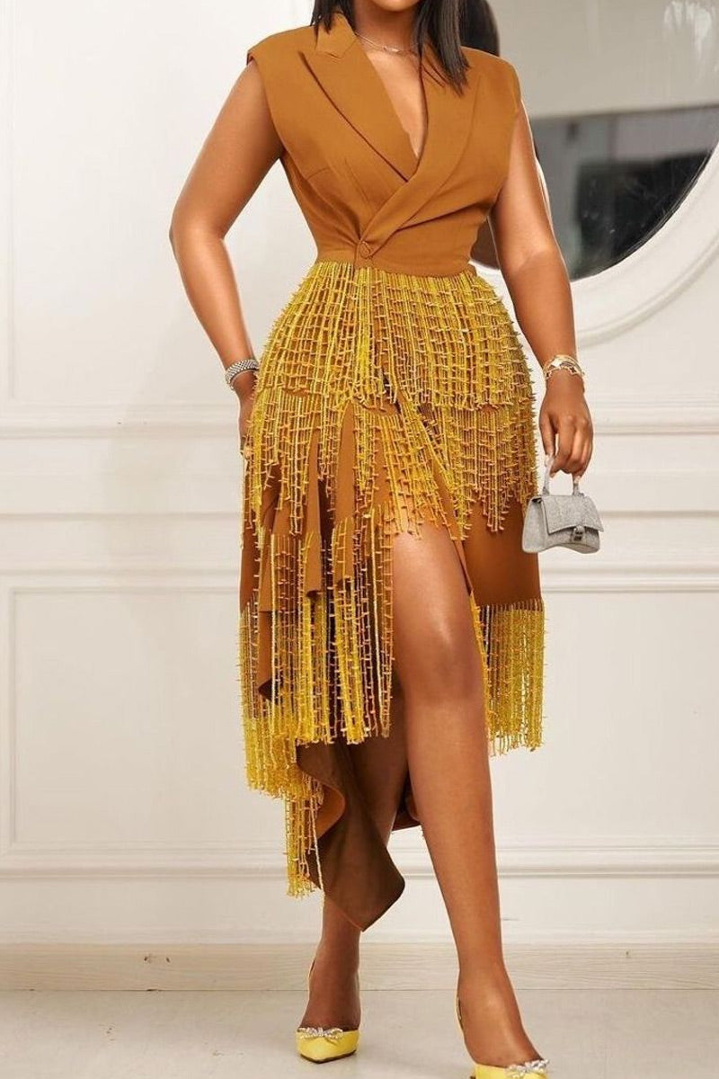 Women's Summer Casual Luxury Handmade Tassel Fringe Sleeveless Lapel Wrap Irregular Hem Dress