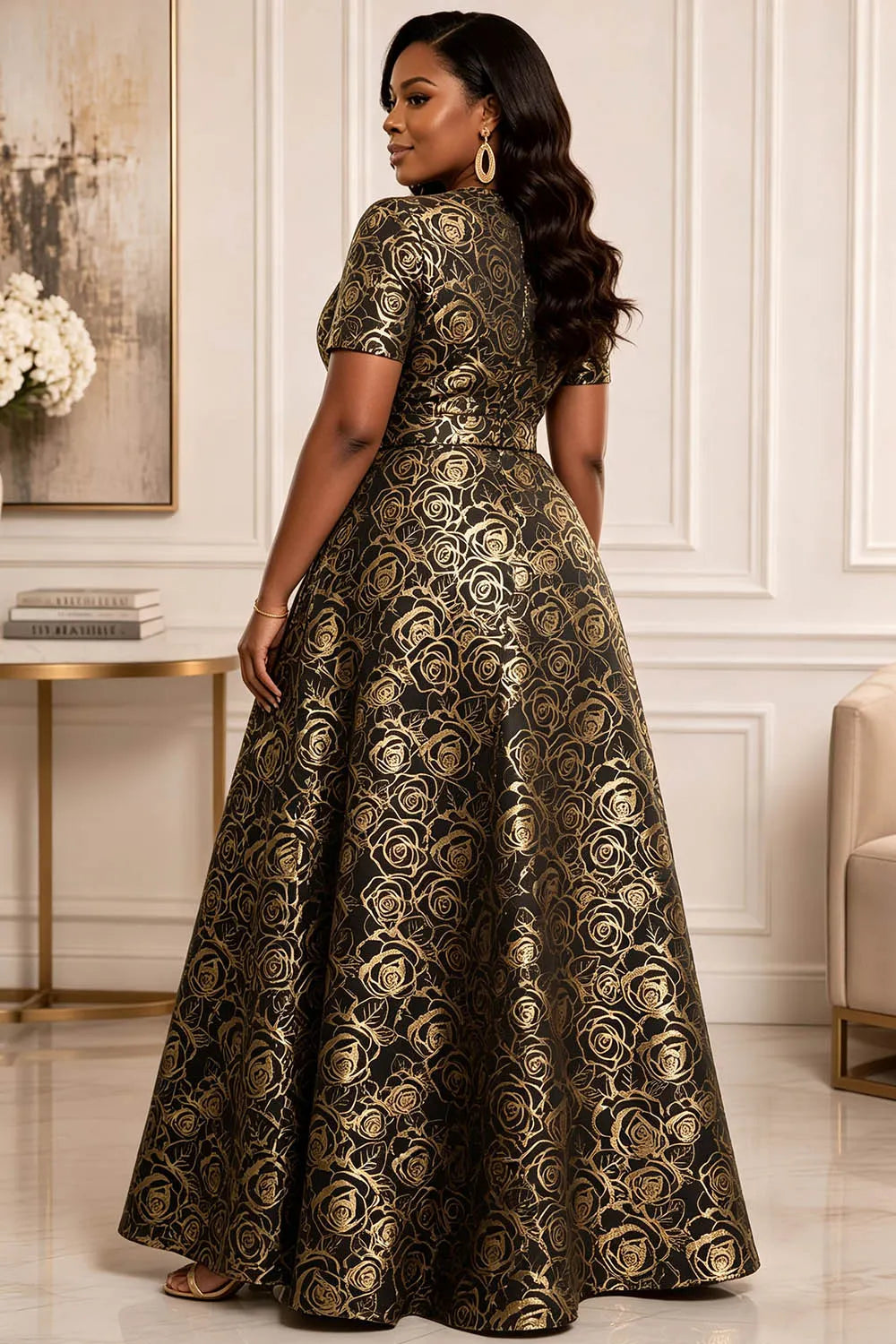 Gold Short Sleeve Pocket Split Satin Maxi Dresses [Pre-Order]