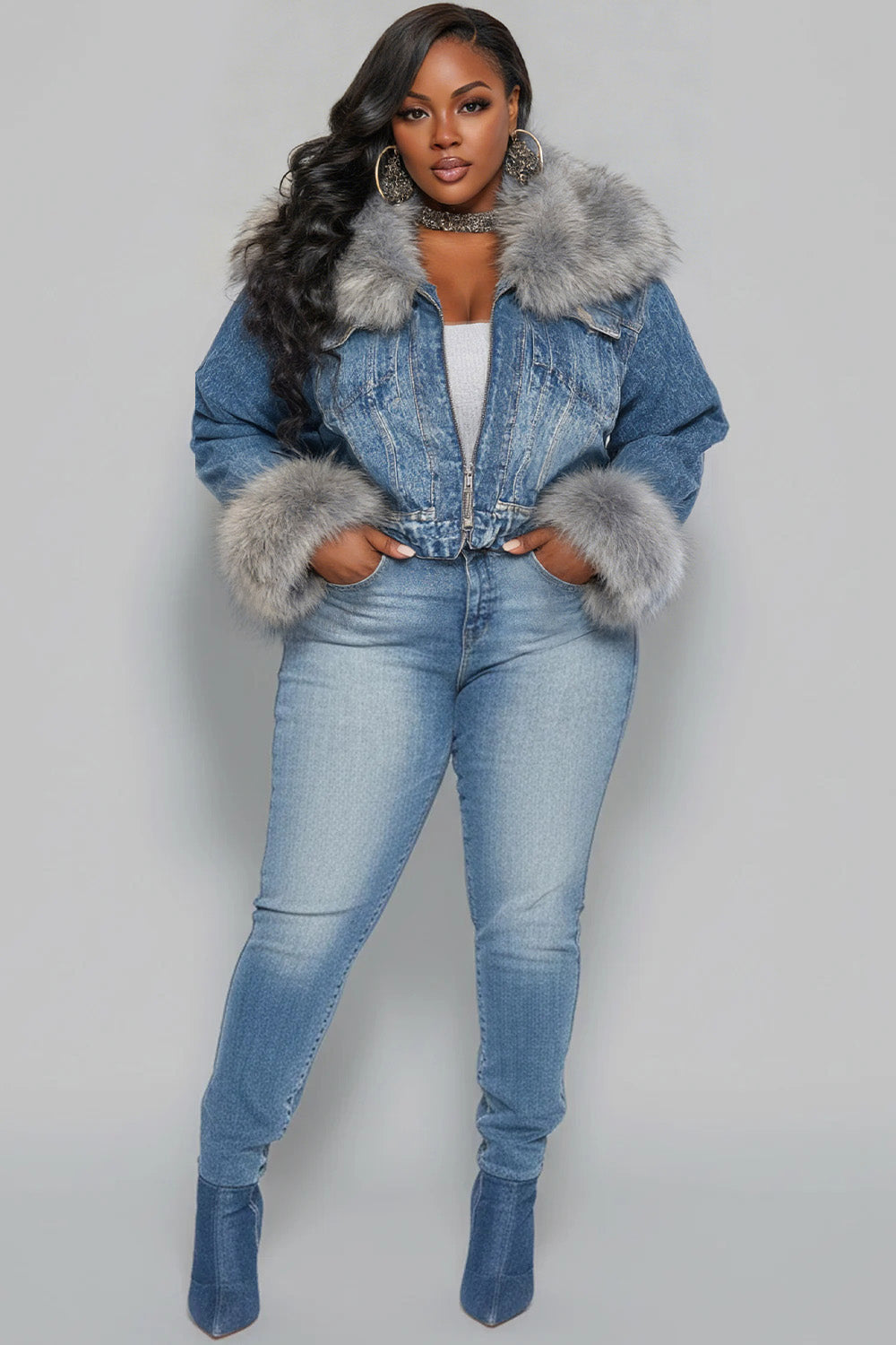 Xpluswear Design Plus Size Daily Blue Turndown Collar Long Sleeve Feather Elegant Contrast Denim Jacket