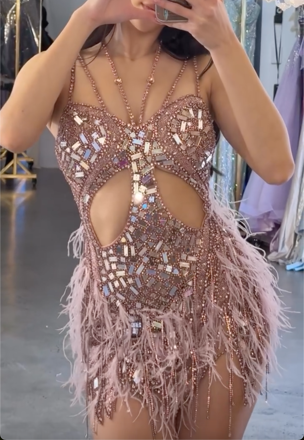 Rose Gold Spaghetti Strap Cutout Beaded Feather Mini Dress