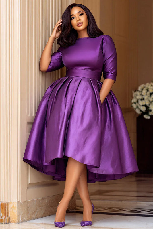 Cocktail Party Purple Round Neck Half Sleeve Pocket Satin Midi Dresses