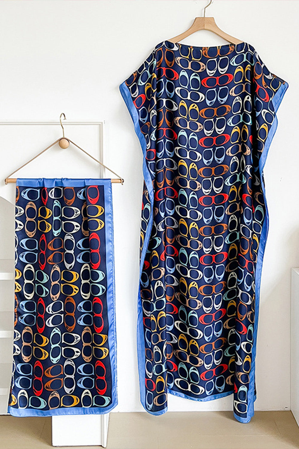 Geometric Print Scarf Side Slit Kaftan Maxi Dresses Vacation 2pcs Set-Fuchsia