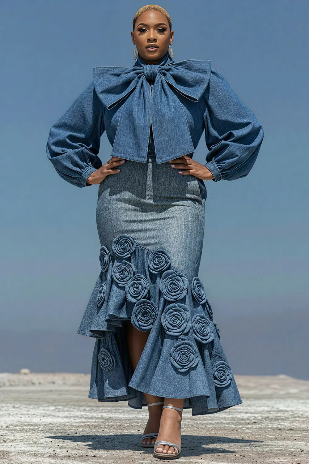 Xpluswear Design Plus Size Cocktail Party Blue Puff Sleeve Long Sleeve Bodycon Elegant Bow Tie Denim Two Piece Skirt Sets