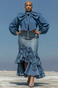Xpluswear Design Plus Size Cocktail Party Blue Puff Sleeve Long Sleeve Bodycon Elegant Bow Tie Denim Two Piece Skirt Sets