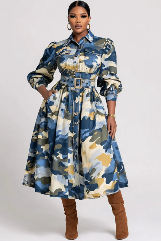 Daily Light Blue Camo Shirt Collar Puff Sleeve Long Sleeve Pocket Casual Midi Dresses
