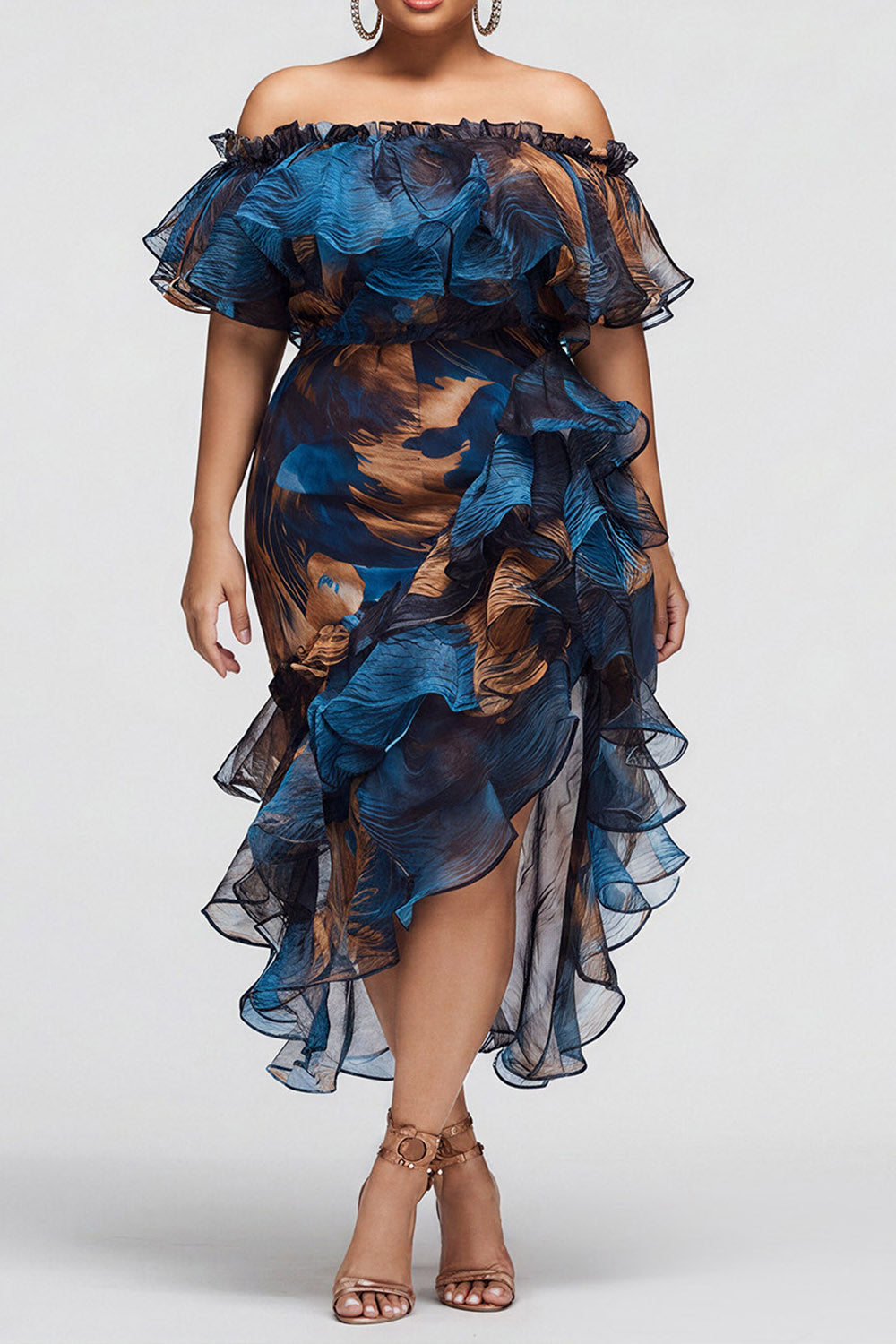 Cocktail Party Blue Graphic Off The Shoulder Ruffle Tiered Chiffon Midi Dresses