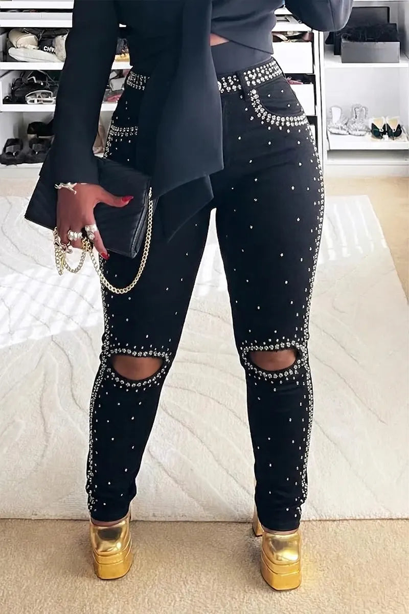 Women's Casual Rhinestone Ripped Skinny Jeans