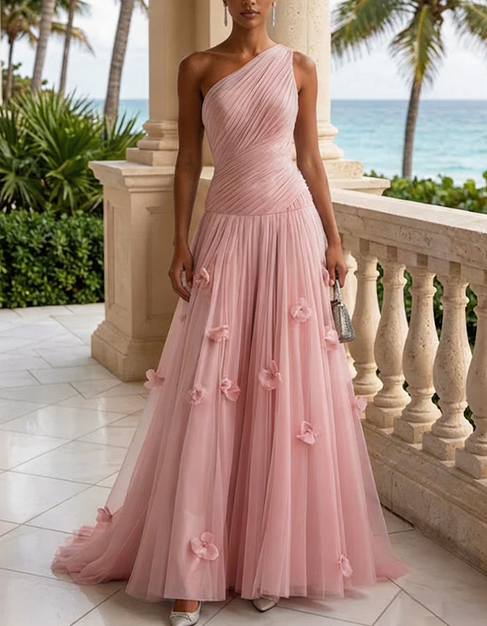 Sky Blue Chiffon One-Shoulder Ruched Maxi Dress