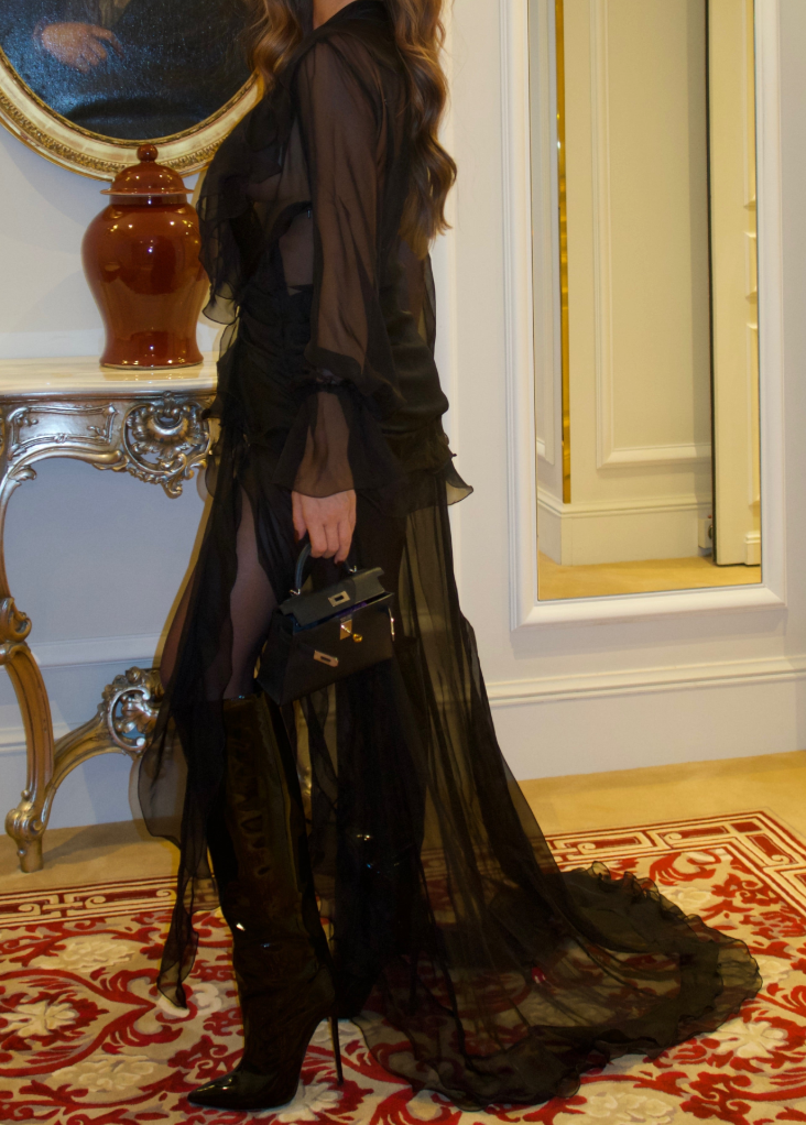 Black Sheer Chiffon Plunge Neck Maxi Dress with Lace Trim