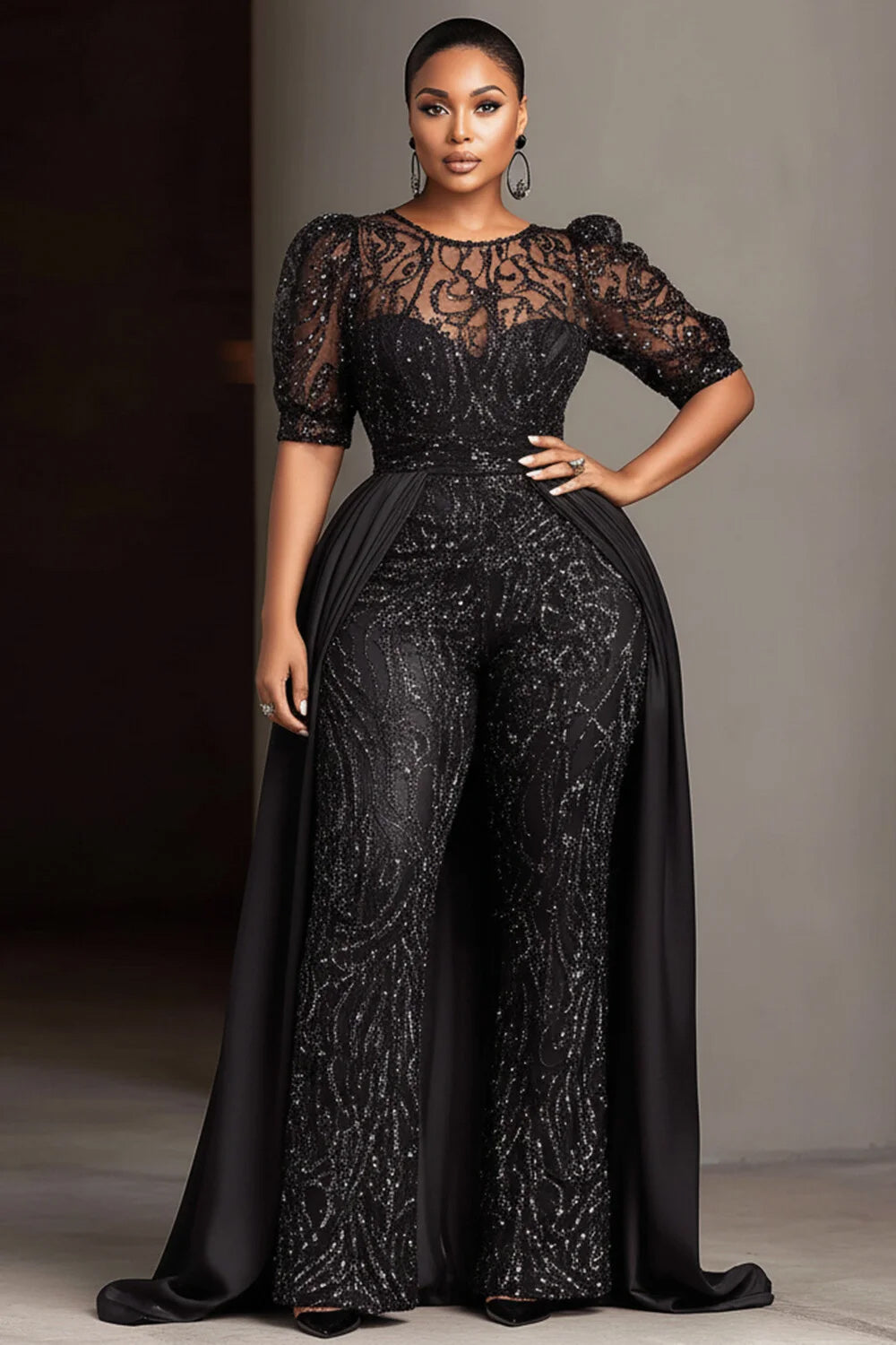 Satin Black Round Neck Short Sleeve With Skirt Overlay Pocket Sequin Jumpsuits