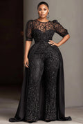 Satin Black Round Neck Short Sleeve With Skirt Overlay Pocket Sequin Jumpsuits