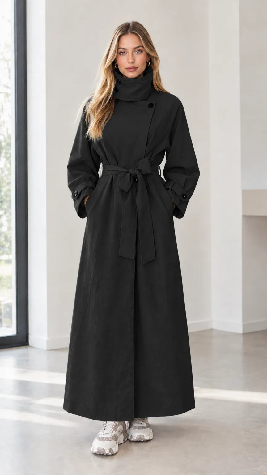 Women's High Neck Belted Maxi Trench Coat with Storm Flap