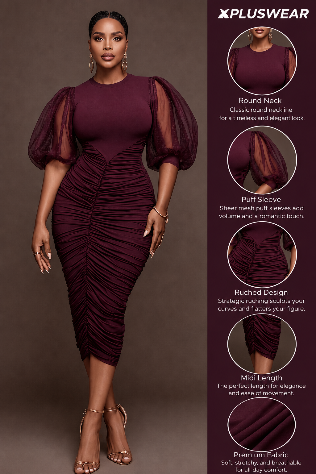 Cocktail Party Burgundy Round Neck Puff Sleeve Short Sleeve Fold Bodycon Tulle Midi Dresses