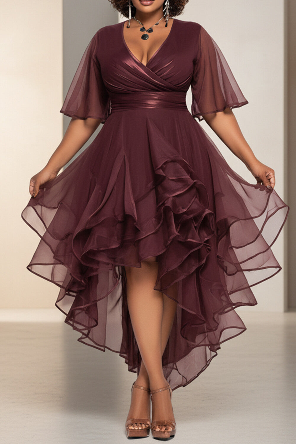 Cocktail Party Brown Wrap Neck Short Sleeve Ruffle Asymmetric Hem Tulle Midi Dresses