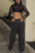 Lady's Leopard Print Rhinestone Jeans