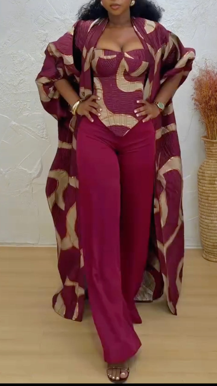 Printed Long Kimono Robe & Pant 3‑Piece Suit