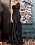 Solid Color Satin Draped Shoulder Maxi Dress