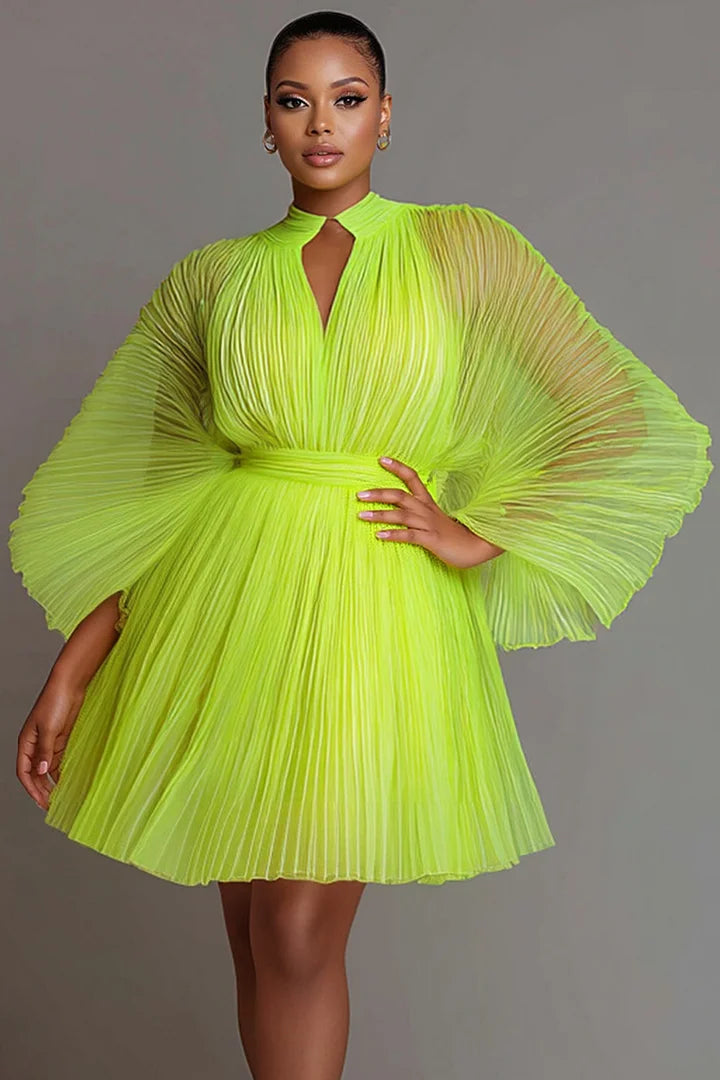 Party Fluorescent Green Stand-Up Collar Lantern Sleeve Long Sleeve Pleated See Through Tulle Mini Dresses
