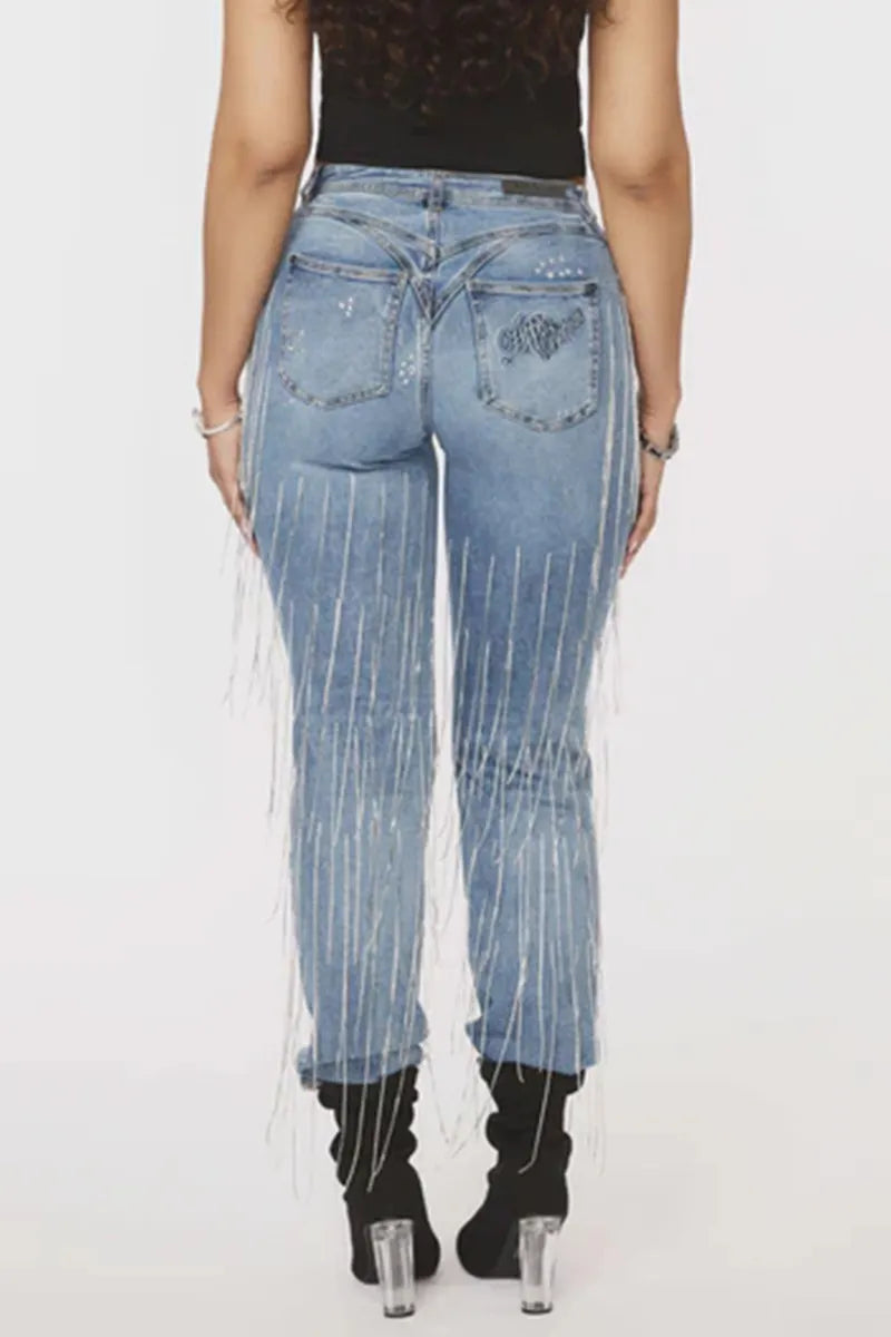 Ladies' Hot Selling Casual Fringe Ripped Tight Jeans