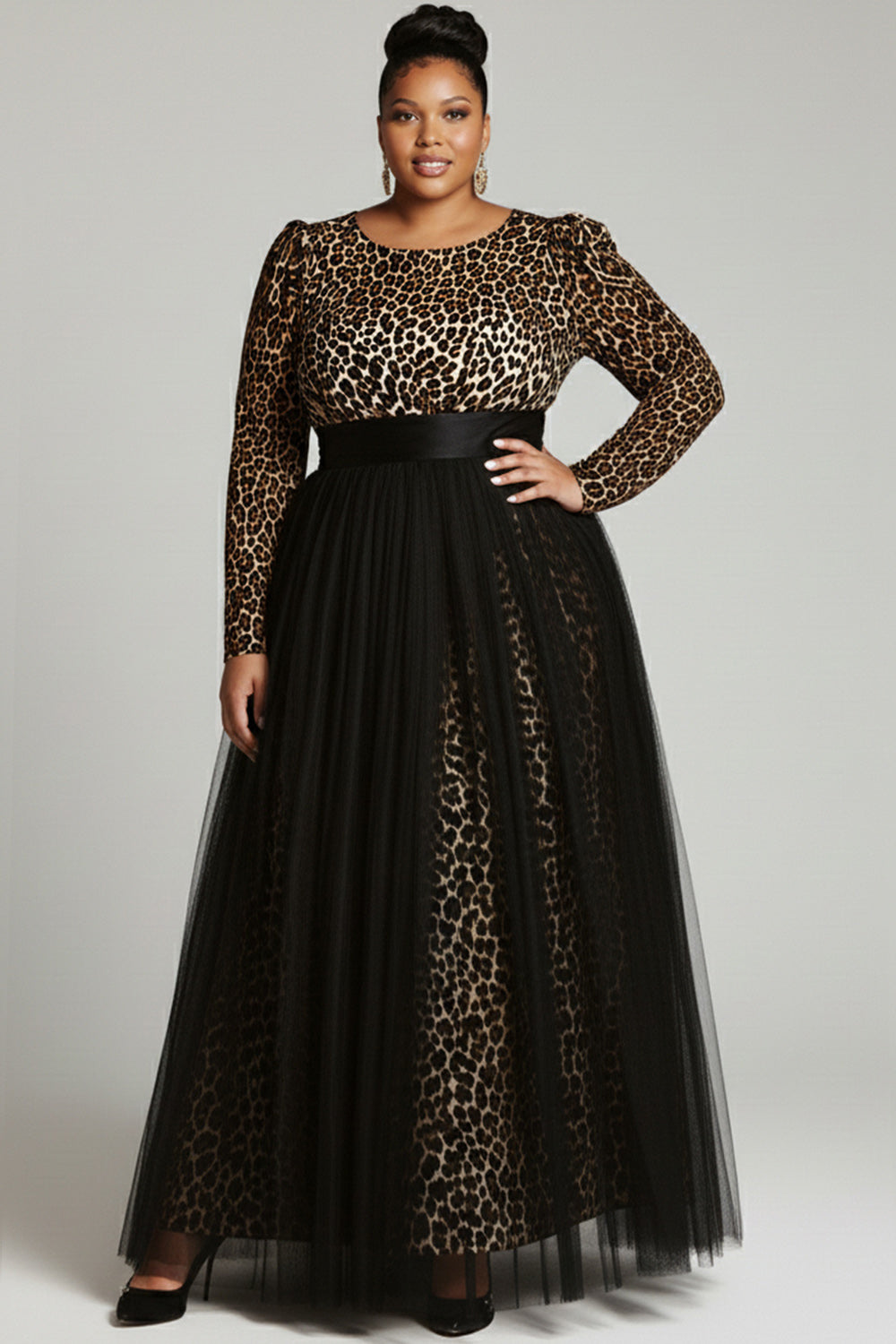 Black Leopard Round Neck Long Sleeve Contrast Elegant Tulle Maxi Dresses