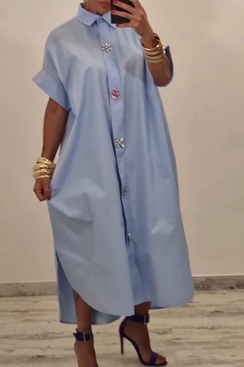 Women's Casual Rhinestone Button Decorative Loose Shirt Dress