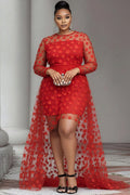 Party Red Round Neck Long Sleeve High Low Hem Elegant See Through Tulle Mini Dresses