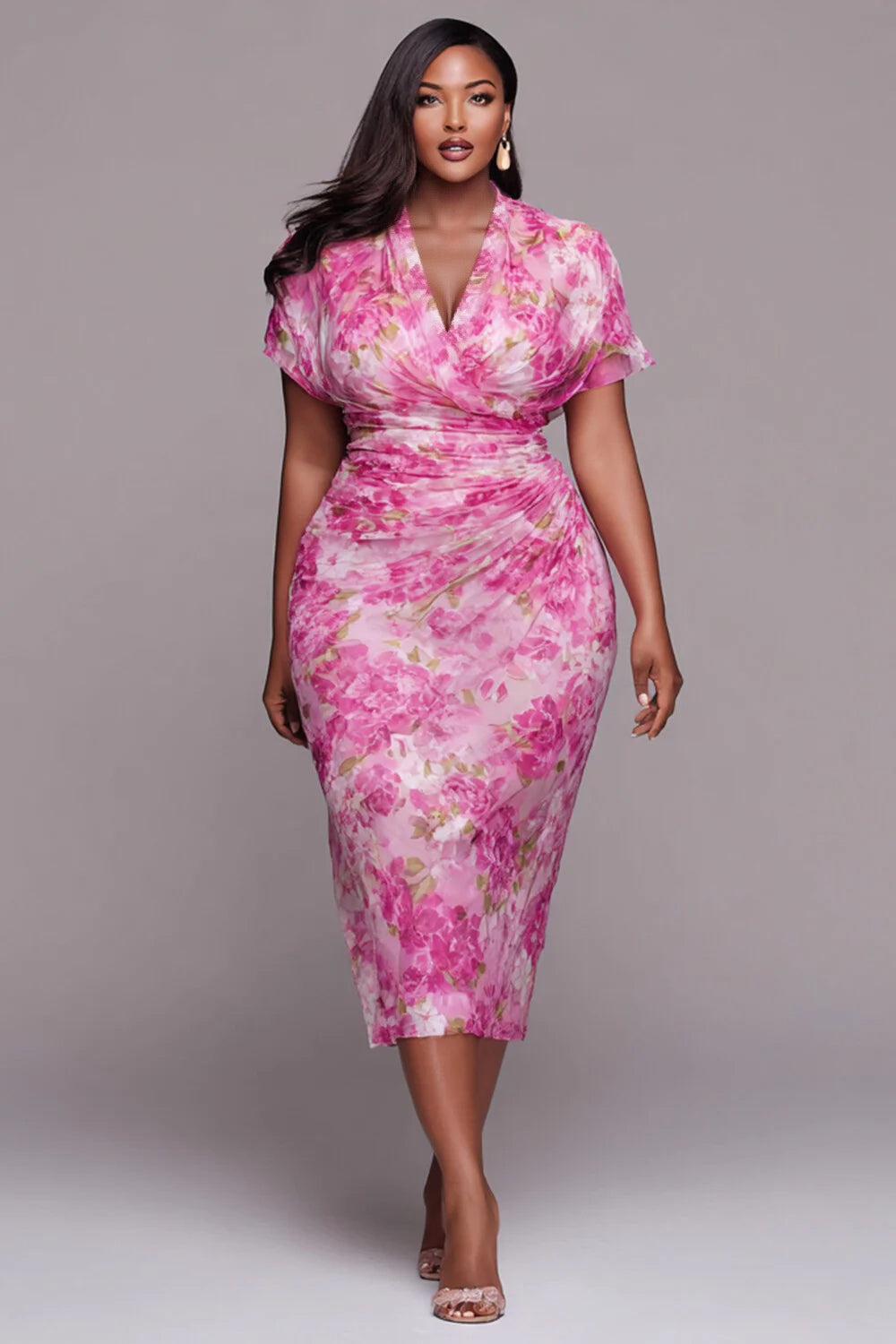 Cocktail Party Pink Floral Cowl Neck Short Sleeve Fold Bodycon Tulle Midi Dresses