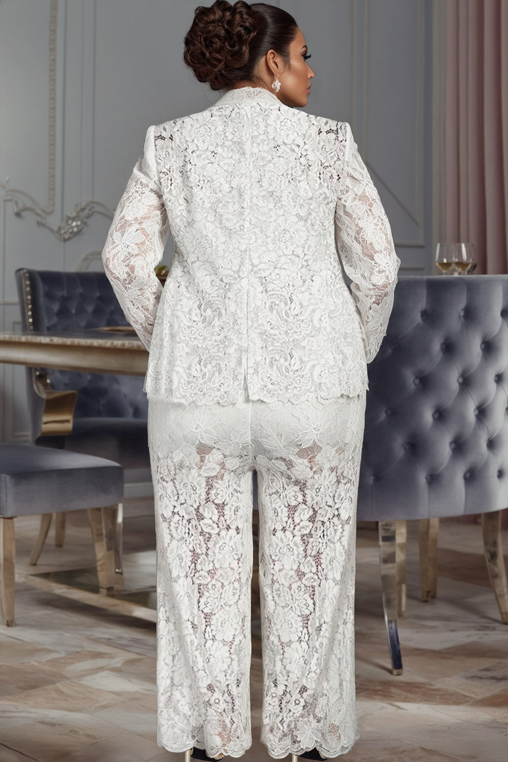 White Lapel Collar Long Sleeve See Through Lace Two Piece Pant Suits