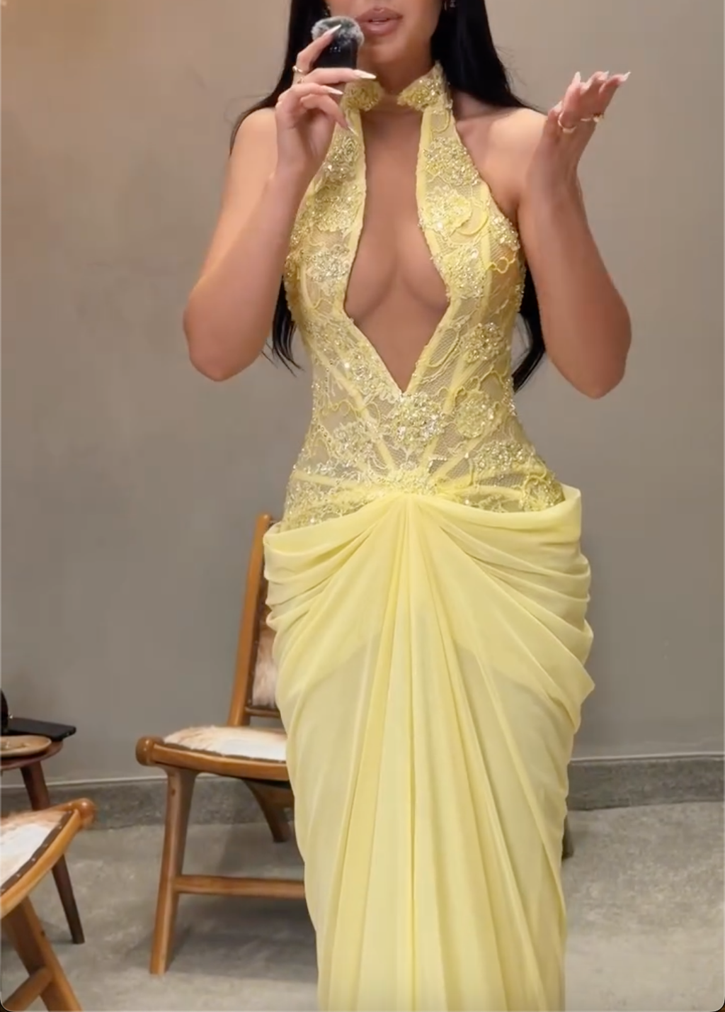 Black, Burgundy & Yellow Halter Lace Cutout Maxi Dress - Chiffon Drape Formal Evening Gown for Women