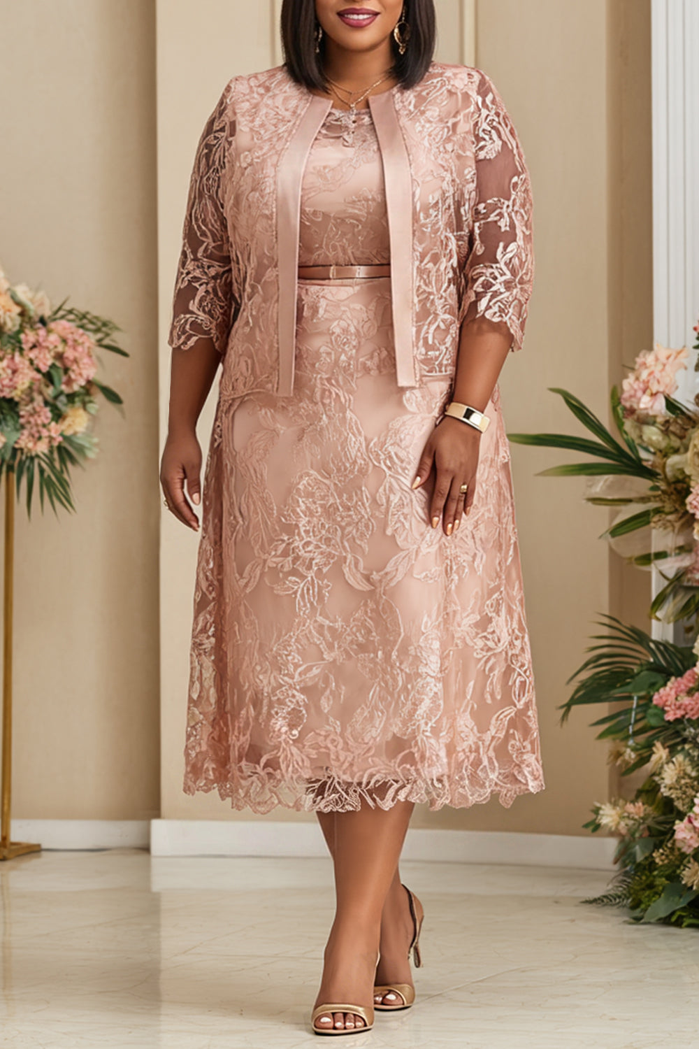 Pink Round Neck Half Sleeve See Through Lace Two Piece Dress Set