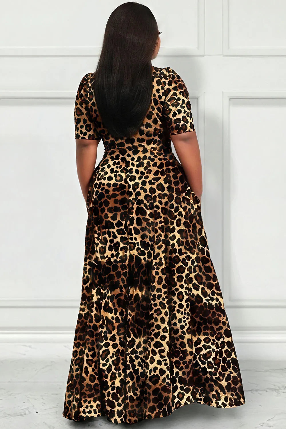 Daily Brown Leopard Round Neck Short Sleeve Pocket Casual Maxi Dresses