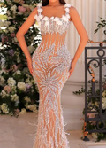Nude Crystal & Feather Embellished Maxi Dress
