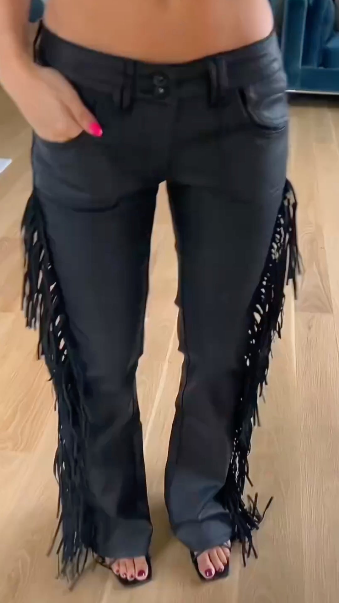 Low‑Rise Fringe Faux Leather Flare Pants
