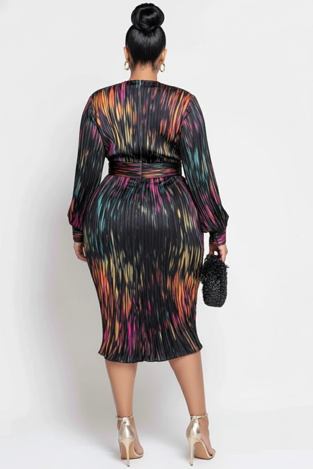 Business Casual Multicolor All Over Print V Neck Long Sleeve Bodycon Elegant Satin Midi Dresses