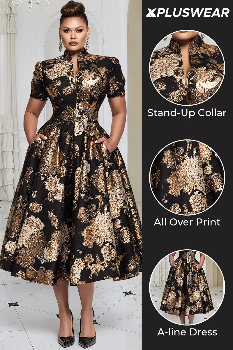 Black All Over Print Stand-Up Collar Short Sleeve Pocket Elegant Satin Midi Dresses