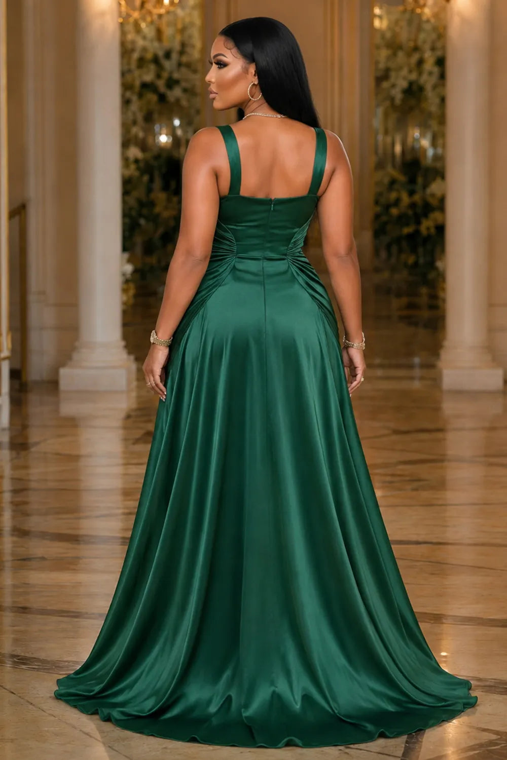 Wide Strap Square Neck Ruched Cinch Waist Maxi Dresses-Green [Pre Order]
