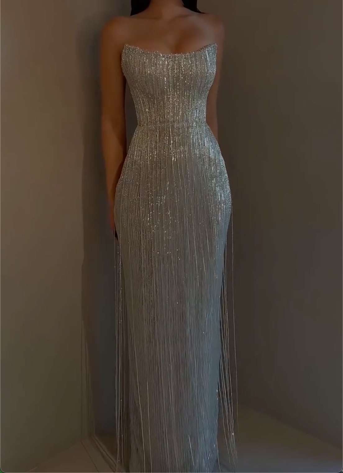 Silver Strapless Evening Dress - Beaded Fringe Corset Formal Gown