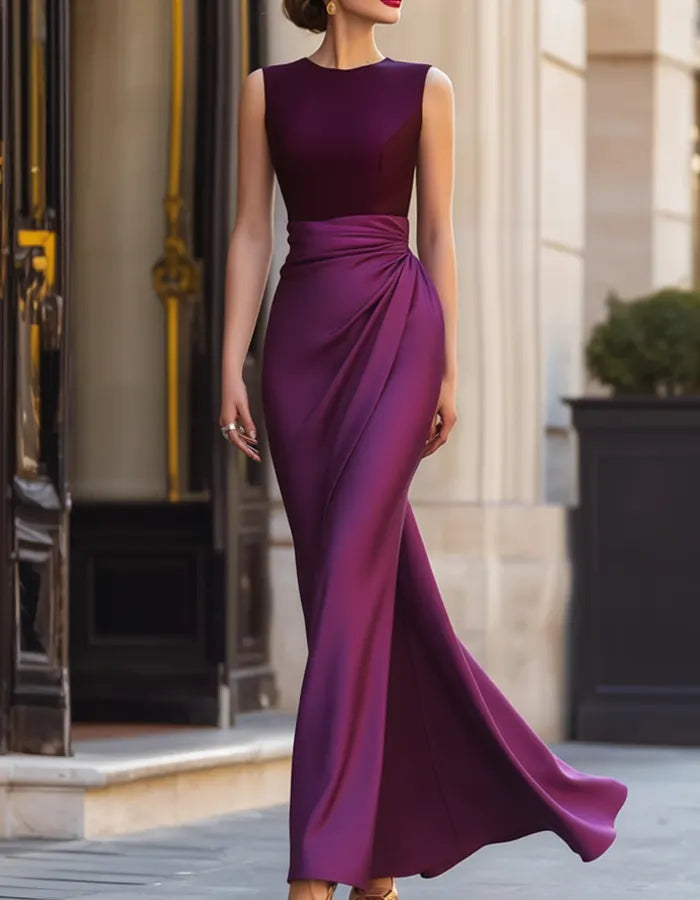 Plum Satin Sleeveless Ruched Maxi Dress