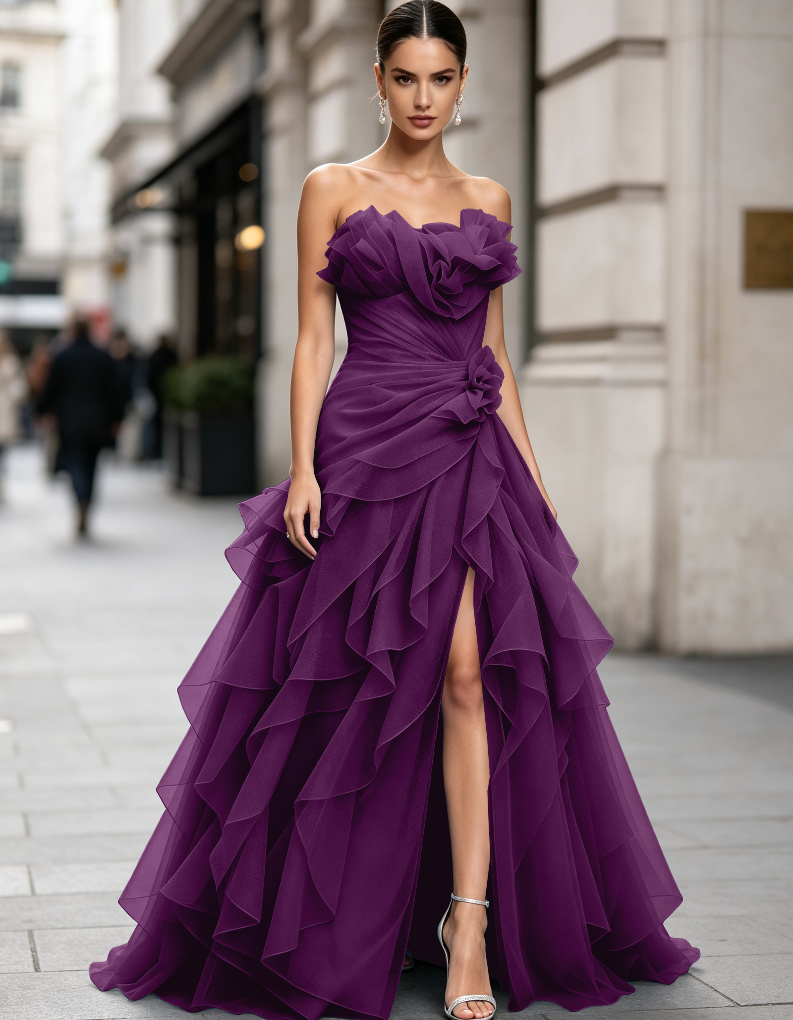 Voluminous Floral Ruffle Strapless Tulle Mermaid  Maxi Dress