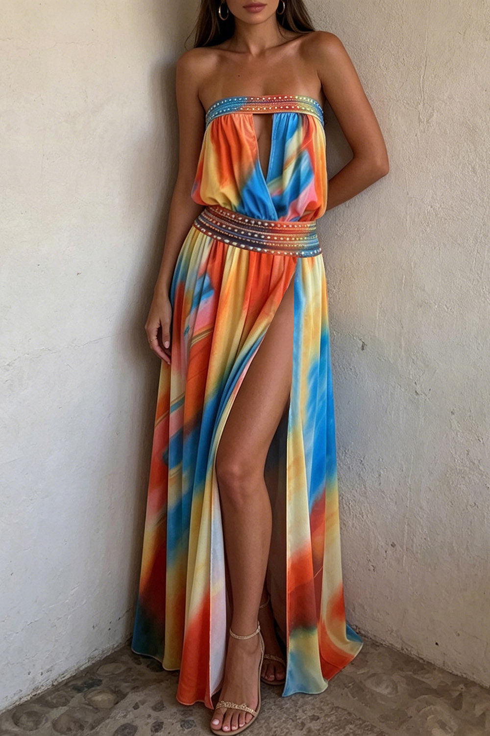 Tie Dye Print Strapless Cut Out High Slit Vacation Maxi Dresses-Multicolor