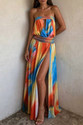 Tie Dye Print Strapless Cut Out High Slit Vacation Maxi Dresses-Multicolor