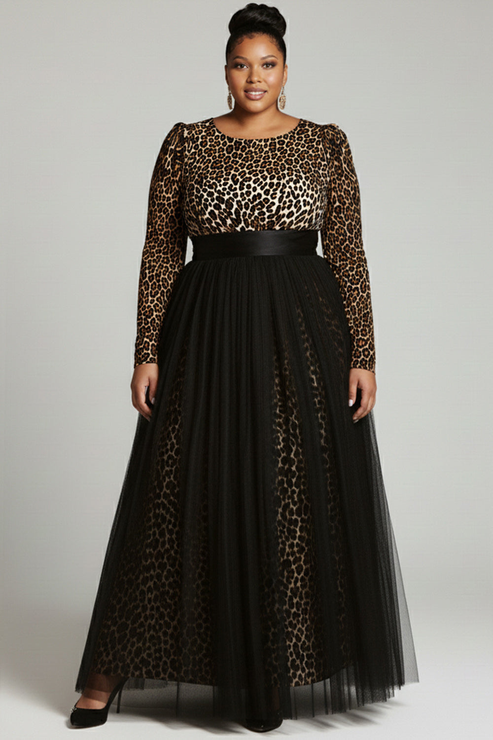Black Leopard Round Neck Long Sleeve Contrast Elegant Tulle Maxi Dresses